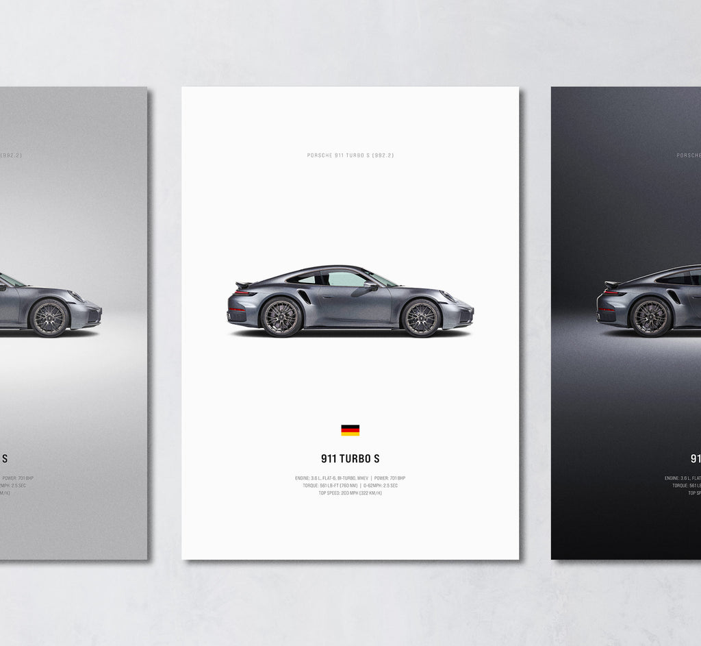 992.2 turbo s minimalist wall art poster trio showing side profile and engine specs