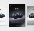 black porsche 992 gt3 rs wall art poster trio showing front 3/4 view profile and engine technical specs