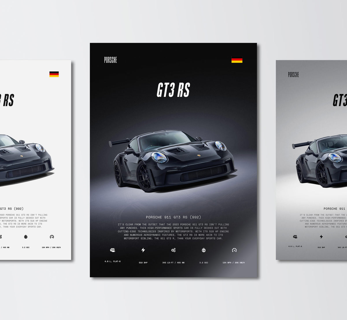 black porsche 992 gt3 rs wall art poster trio showing front 3/4 view profile and engine technical specs