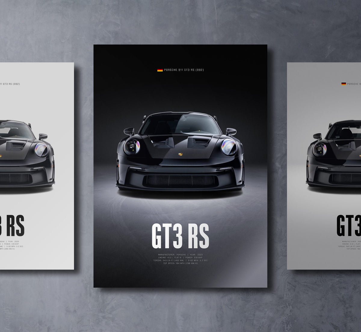 black 911 992 gt3 rs front view dark moody car wall art poster with bold text