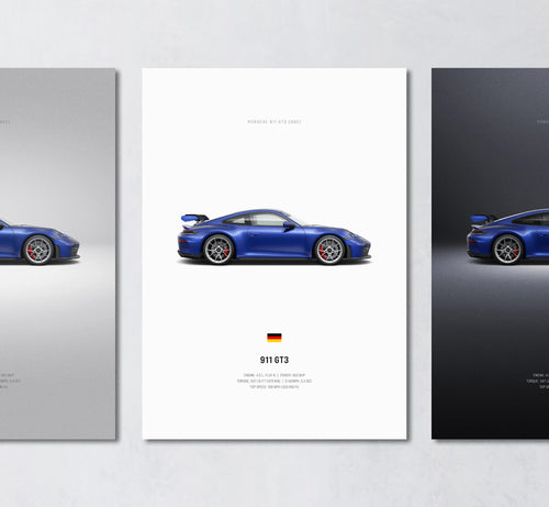 blue 911 992 gt3 minimalist wall art poster trio showing side profile and engine specs