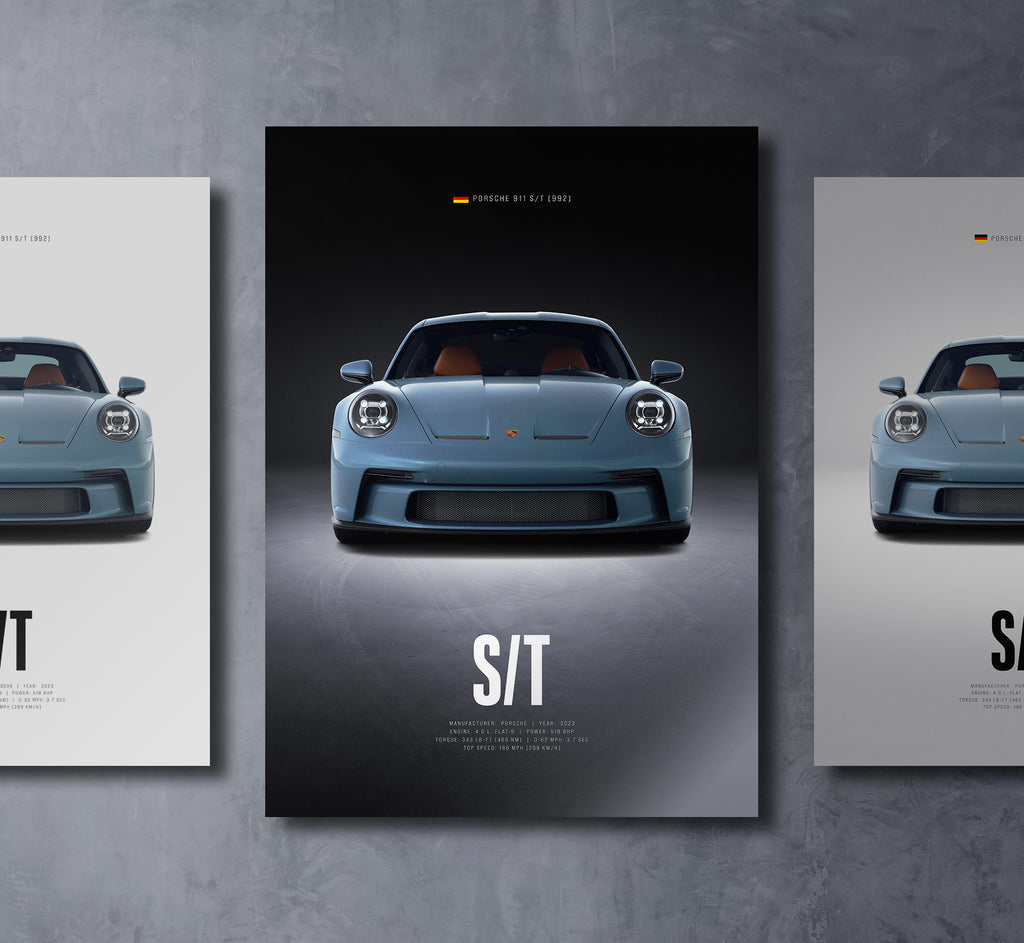992 911 st front view dark moody car wall art poster with bold text
