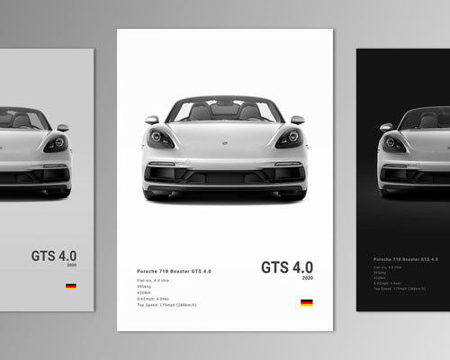 718 boxster gts 4.0 front profile car poster black and white minimalist design
